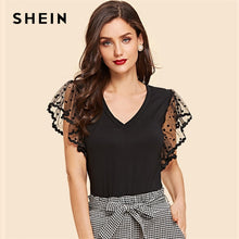 Load image into Gallery viewer, SHEIN Vintage Black Dot Contrast Mesh Sleeve V Neck Plain Tee T-shirt Women Summer Elegant Solid  Short Sleeve Tshirt Tops