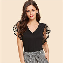 Load image into Gallery viewer, SHEIN Vintage Black Dot Contrast Mesh Sleeve V Neck Plain Tee T-shirt Women Summer Elegant Solid  Short Sleeve Tshirt Tops