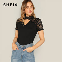 Load image into Gallery viewer, SHEIN Sexy Black Floral Lace Insert V Cut Mock-Neck Tee Solid Short Sleeve T-Shirt Women 2019 Summer Sheer Elegant Tshirt Tops