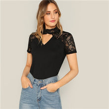 Load image into Gallery viewer, SHEIN Sexy Black Floral Lace Insert V Cut Mock-Neck Tee Solid Short Sleeve T-Shirt Women 2019 Summer Sheer Elegant Tshirt Tops