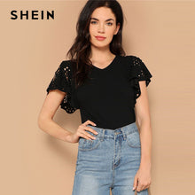 Load image into Gallery viewer, SHEIN Lady Summer Elegant Black Laser Cut Flutter Sleeve V Neck Tee 2019 Casual Solid Butterfly Sleeve Women Tshirt Tops