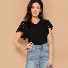 Load image into Gallery viewer, SHEIN Lady Summer Elegant Black Laser Cut Flutter Sleeve V Neck Tee 2019 Casual Solid Butterfly Sleeve Women Tshirt Tops