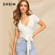 Load image into Gallery viewer, SHEIN Sexy White Deep V Neck Crop Wrap Belted Slim Fitted Top Solid T Shirt Women Summer Elegant 2019 Short Sleeve Tshirt Tops