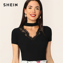 Load image into Gallery viewer, SHEIN Choker Neck Lace Trim Form Fitted Solid Women Tshirt Summer Black V Neck Short Sleeve Stretchy Elegant Ladies Tops