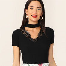 Load image into Gallery viewer, SHEIN Choker Neck Lace Trim Form Fitted Solid Women Tshirt Summer Black V Neck Short Sleeve Stretchy Elegant Ladies Tops