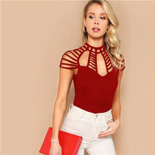 Load image into Gallery viewer, SHEIN Sexy Black Keyhole Back Ladder Cut-out Form Fitting Tee Solid T Shirt Women Summer Cap Sleeve Club High Street Tshirt Tops