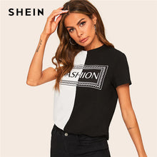 Load image into Gallery viewer, SHEIN Casual Black and White Two Tone Letter Print Tee Short Sleeve T Shirt Women Summer 2019 O-Neck Color-block Tshirt Tops