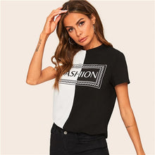 Load image into Gallery viewer, SHEIN Casual Black and White Two Tone Letter Print Tee Short Sleeve T Shirt Women Summer 2019 O-Neck Color-block Tshirt Tops